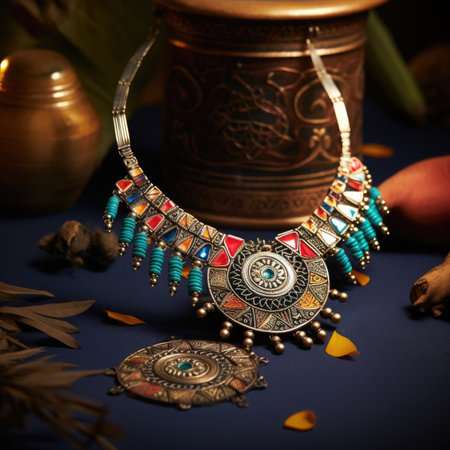 A colorful necklace and earrings on a table, AIの素材