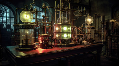 A room with several steam powered devices on a table, AIの素材