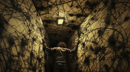A person standing in a dark hallway with a lot of spider webs, AIの素材