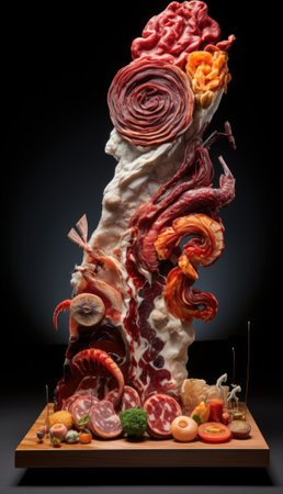 A sculpture of meat and vegetables on a table, AIの素材