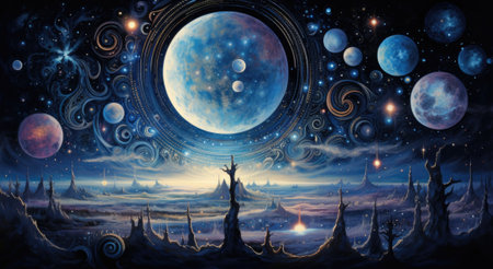 A painting of a space scene with planets and stars, AIの素材