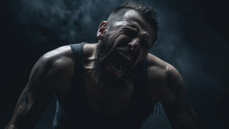 A man with a beard and tattoos is screaming, AIの素材