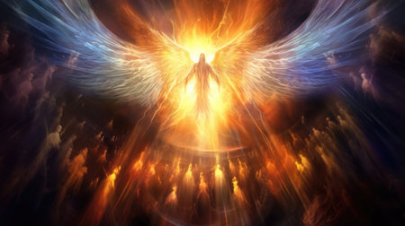 An angel with wings flying in the air, AIの素材