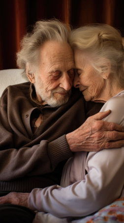 An older couple embracing each other on a couch, AIの素材