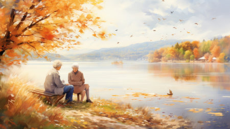 An old couple sitting on a bench by the water, AIの素材