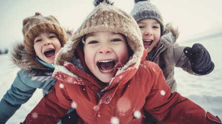 Three children in winter clothing laughing and smiling, AIの素材
