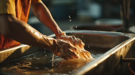 A person washing their hands in a sink, AIの素材