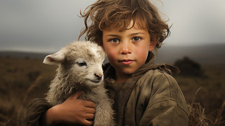 A boy holding a lamb, AIの素材