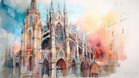 Watercolor painting of a gothic cathedral, AIの素材