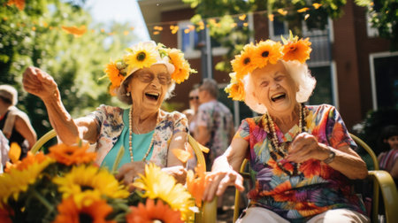 Two elderly women wearing flower crowns and smiling, AIの素材