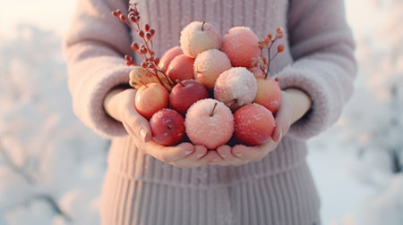 A person holding a bunch of apples in the snow, AIの素材