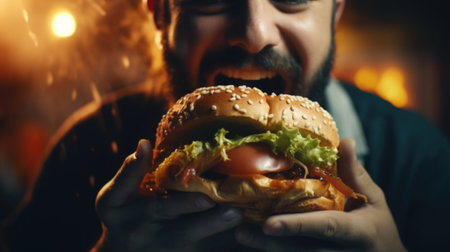 A man with a beard eating a hamburger, AIの素材