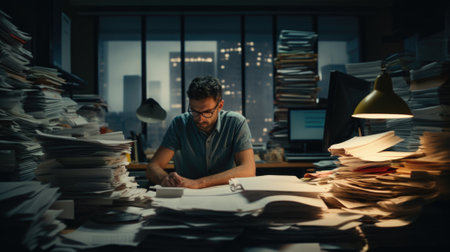Man working at desk with piles of papers, AIの素材