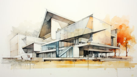 Watercolor sketch of a modern building, AIの素材