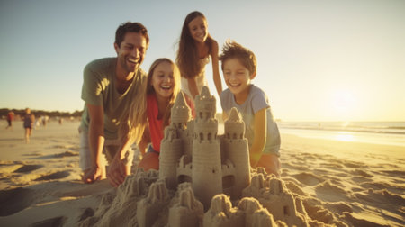 A family building a sand castle on the beach, AIの素材