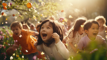 Children running in the grass with flowers and butterflies, AIの素材