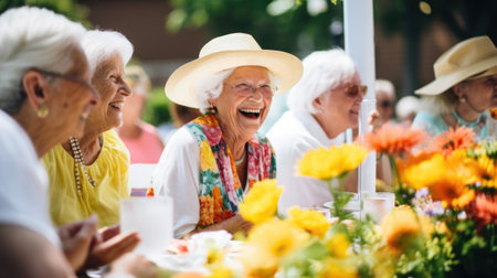 Senior women laughing at outdoor event, AIの素材