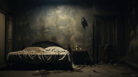 An old bedroom with a bed and a lamp, AIの素材