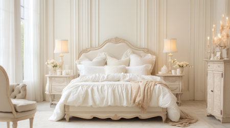 A white bedroom with a bed, chair and table, AIの素材