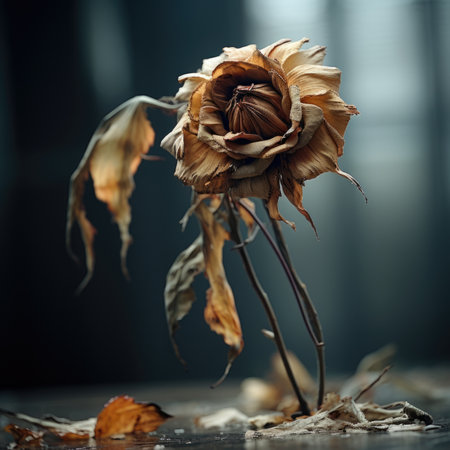 A dead flower with dried leaves on the floor, AIの素材