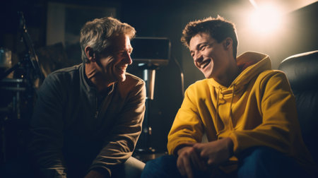 Two men sitting in a dark room, one smiling, AIの素材