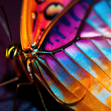 A close up of a colorful butterfly with a black background, AIの素材