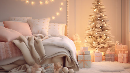 Christmas bedroom with pink and white decorations, AIの素材