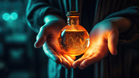 A person holding a bottle with a glowing liquid inside, AIの素材