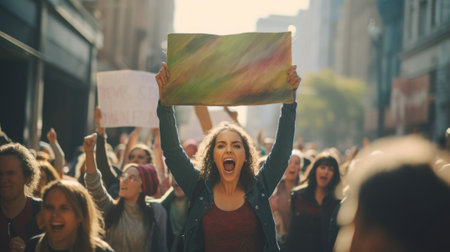 A woman holding up a sign in a protesting crowd, AIの素材