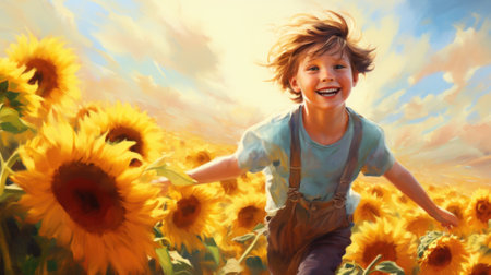 A painting of a boy running through a field of sunflowers, AIの素材