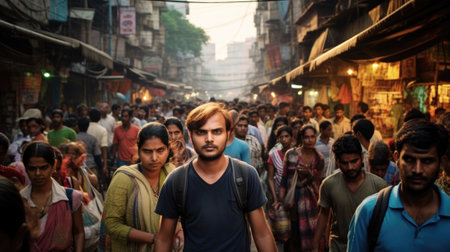 A man standing in a crowded street with many people, AIの素材