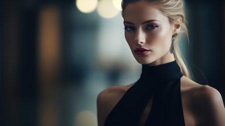 Beautiful blonde woman in black dress and earrings, AIの素材