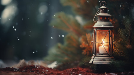 An old lantern with a lit candle on the ground, AIの素材