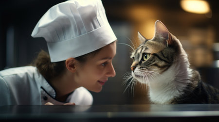 A woman in a chef hat is talking with a cat, AIの素材
