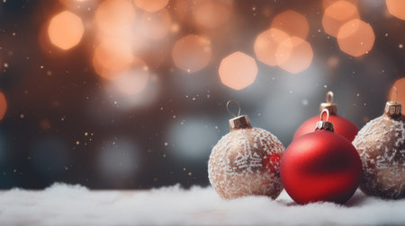 Three christmas balls on a snowy table with lights, AIの素材