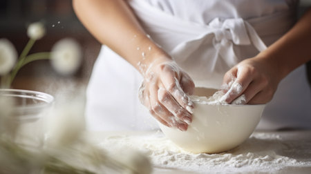 A woman is mixing flour into a bowl, AIの素材