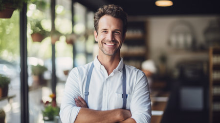 A smiling man in a restaurant with his arms crossed, AIの素材