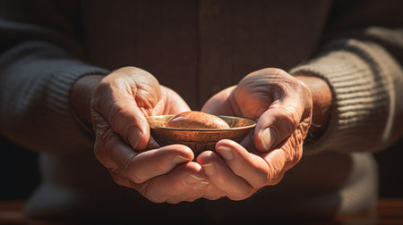An elderly man holding a small bowl of food, AIの素材