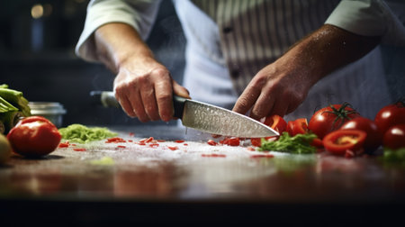 Chef chopping vegetables on cutting board with knife, AIの素材