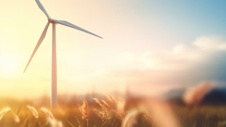 Wind turbine in a field with the sun behind it, AIの素材