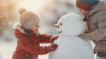 Two children playing with a snowman in the winter, AIの素材