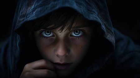 A young boy with blue eyes in a hood, AIの素材