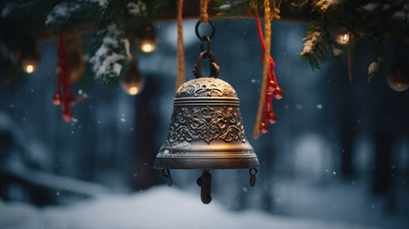 Christmas bells hanging from a tree in the snow, AIの素材