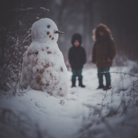 Two children stand next to a snowman in the woods, AIの素材
