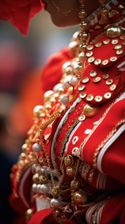 A close up of a woman wearing red and gold, AIの素材