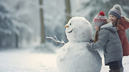 Two little girls are standing next to a snowman, AIの素材