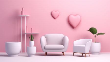 A room with pink walls and a white chair, AIの素材