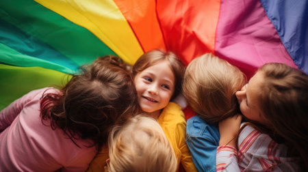 Children hugging under a rainbow flag, AIの素材