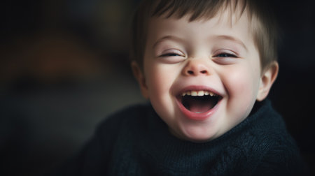 A young child with Down syndrome is laughing with his mouth open, AIの素材