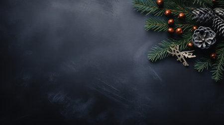 Christmas background with fir branches and pine cones on a black board, AIの素材